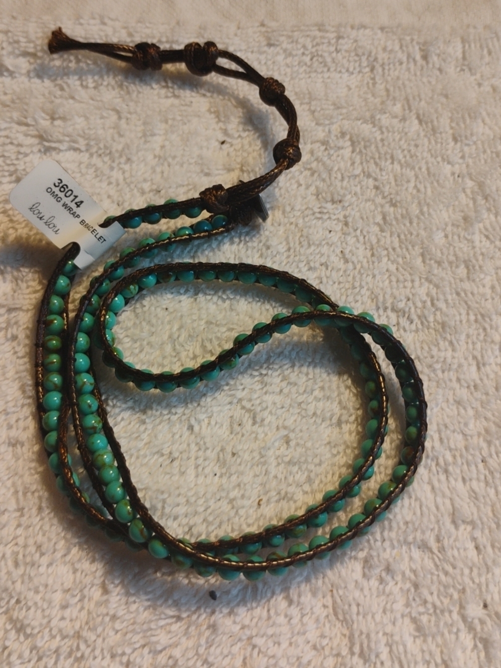 Katie Soleil Turquoise Color and Brown Wrap Bracelet Handmade Tag